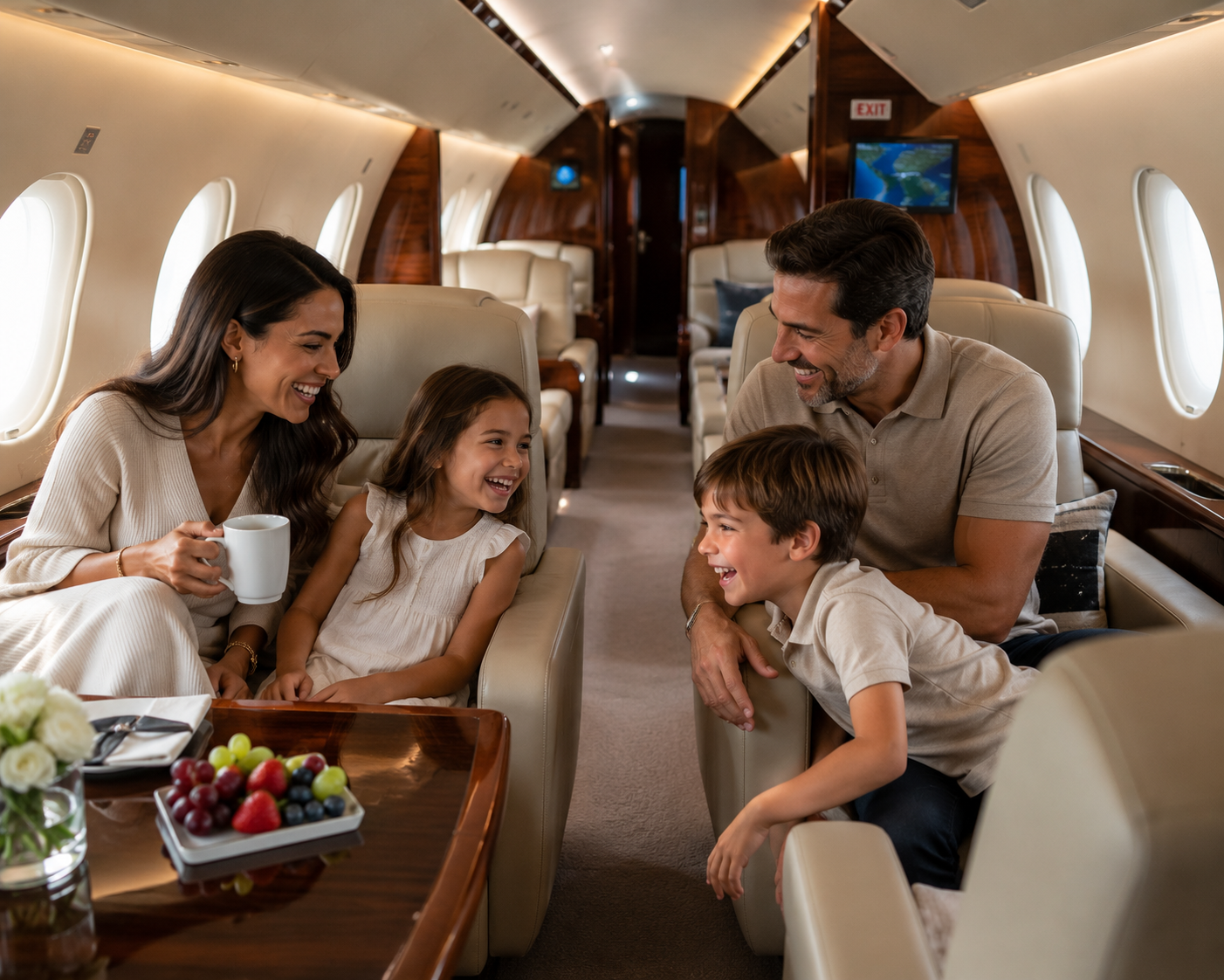 A family of five sitting inside a private jet, smiling and talking with each other, with a table of fruit and a coffee cup in front of them.