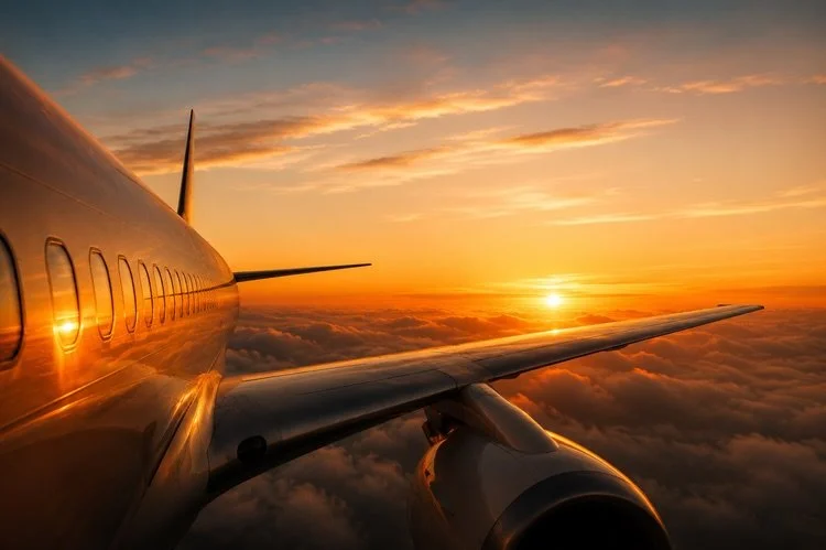 View from an airplane window showing the wing with sunset sky and clouds