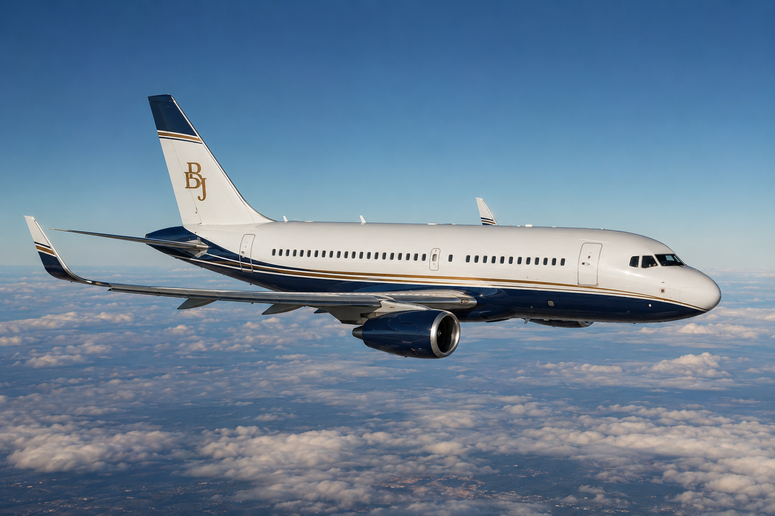 A luxury private jet flying high above the clouds with a clear blue sky.