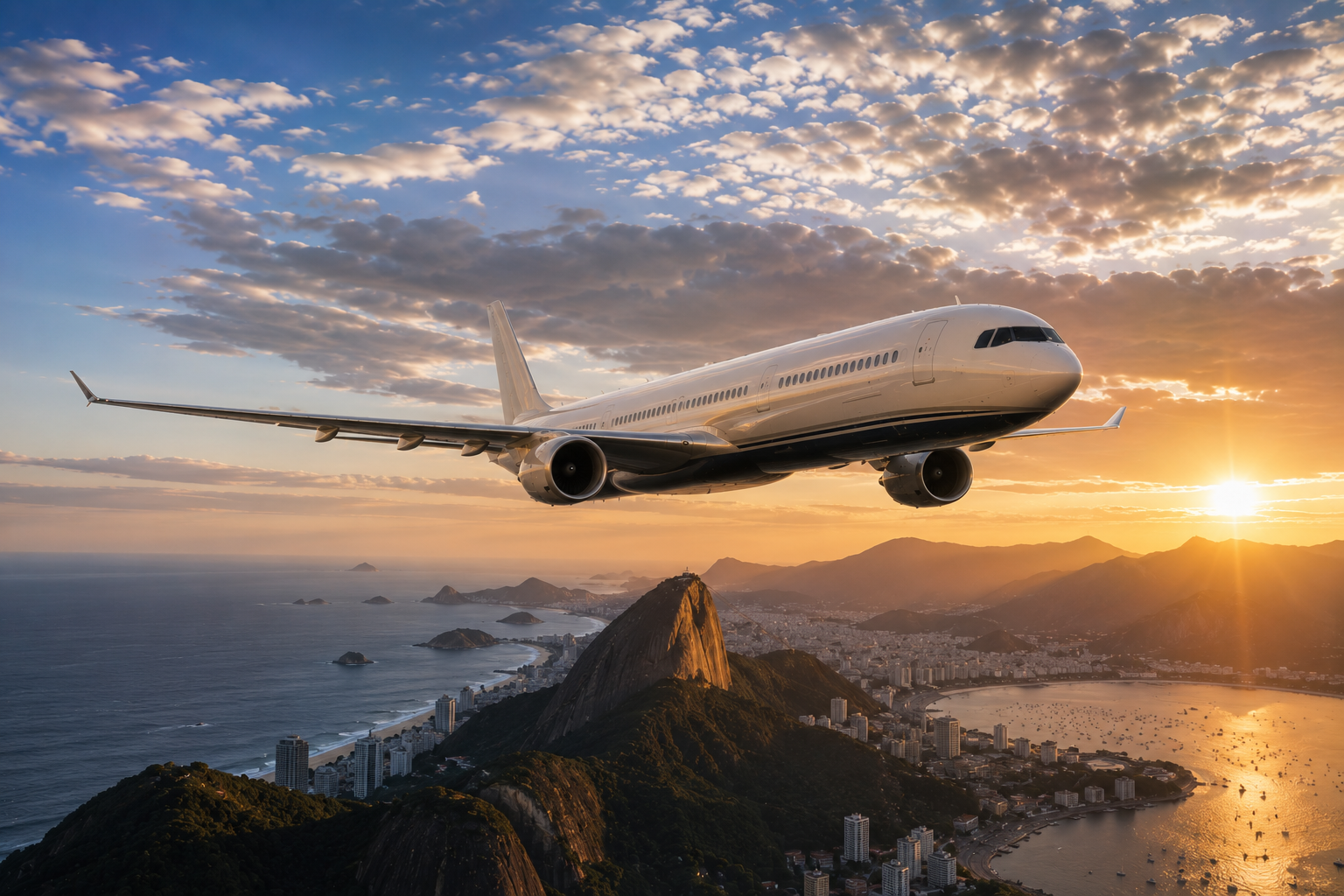 A commercial airplane flying over Rio de Janeiro at sunset, with Sugarloaf Mountain and the coastline visible below.
