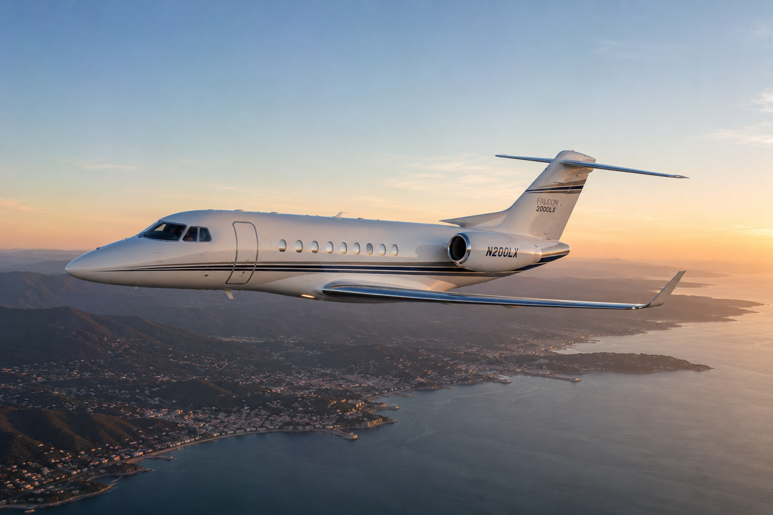 Private jet flying over coastline at sunset with mountains and water below.