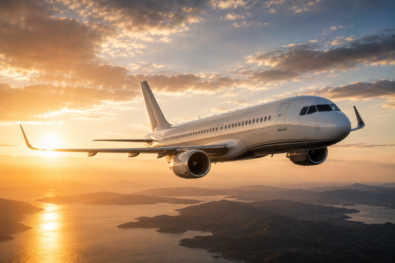 An airplane flying at sunset over a landscape with water and mountains.