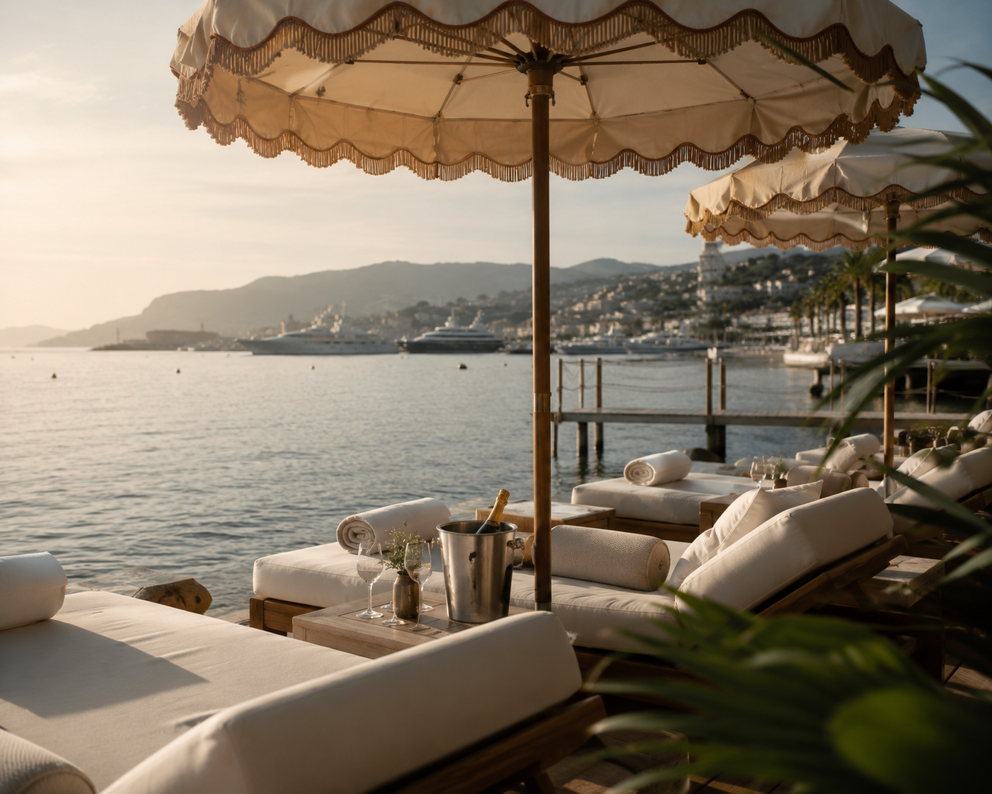 Luxury outdoor seating area with white cushioned lounge chairs under large beige umbrellas on a waterfront with yachts and hillside buildings in the background