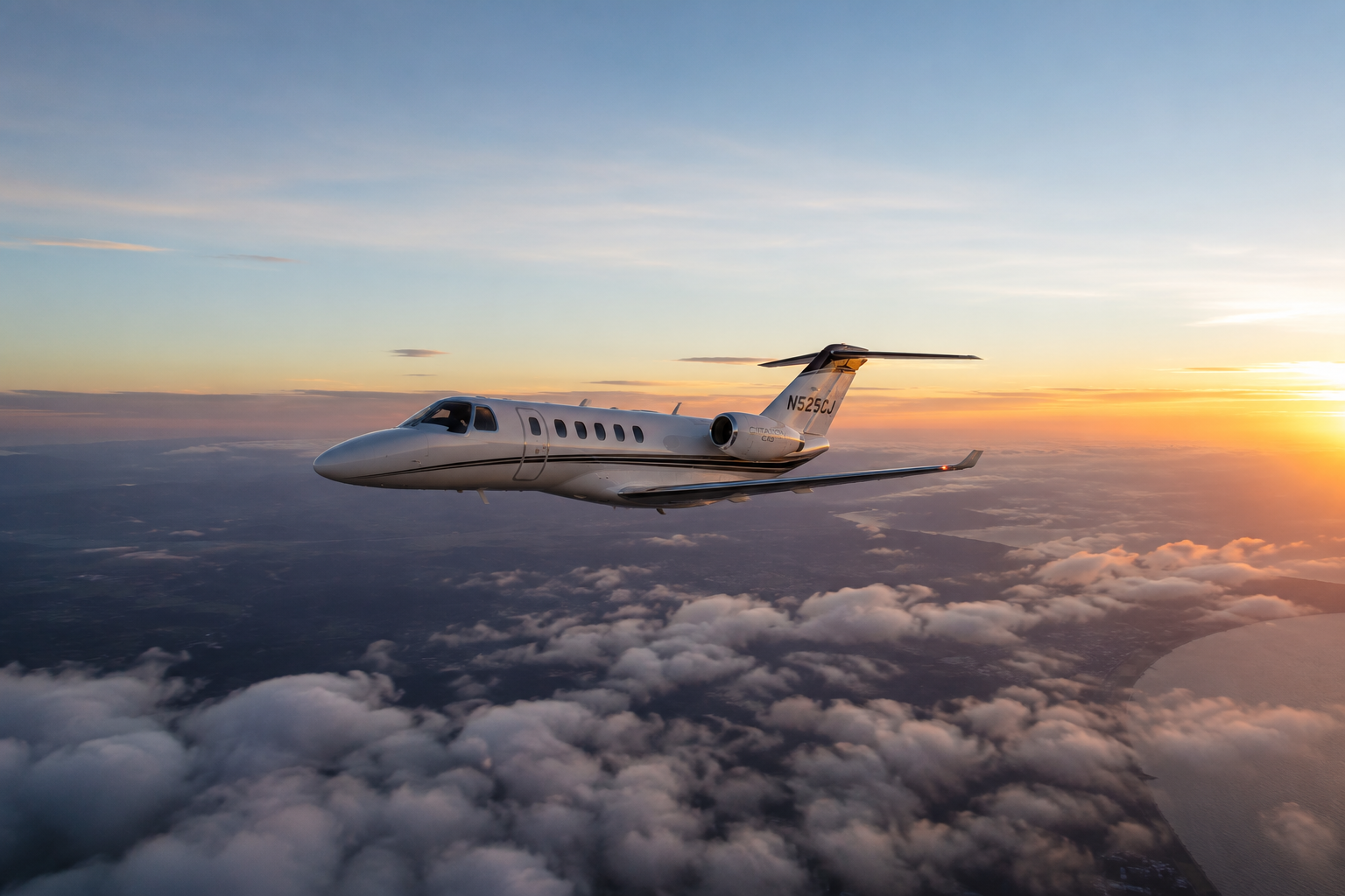 A private jet flying above clouds during sunset over the ocean.