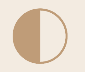 A circle divided into two equal halves, with one half filled with a solid light brown color and the other half outlined in light brown with a beige interior.