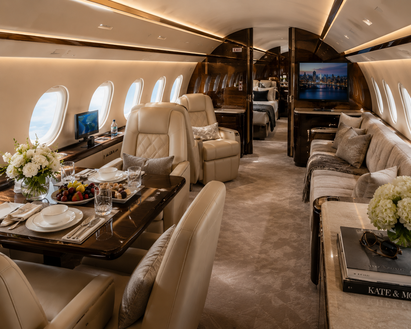 Luxurious private jet interior with a dining area, comfortable seating, multiple windows, and bedroom in the background.