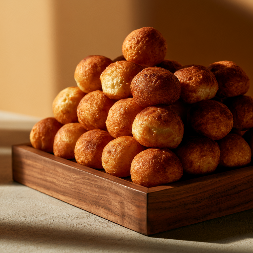 Gros plan sur une pile de croquettes dorées dans un récipient en bois.