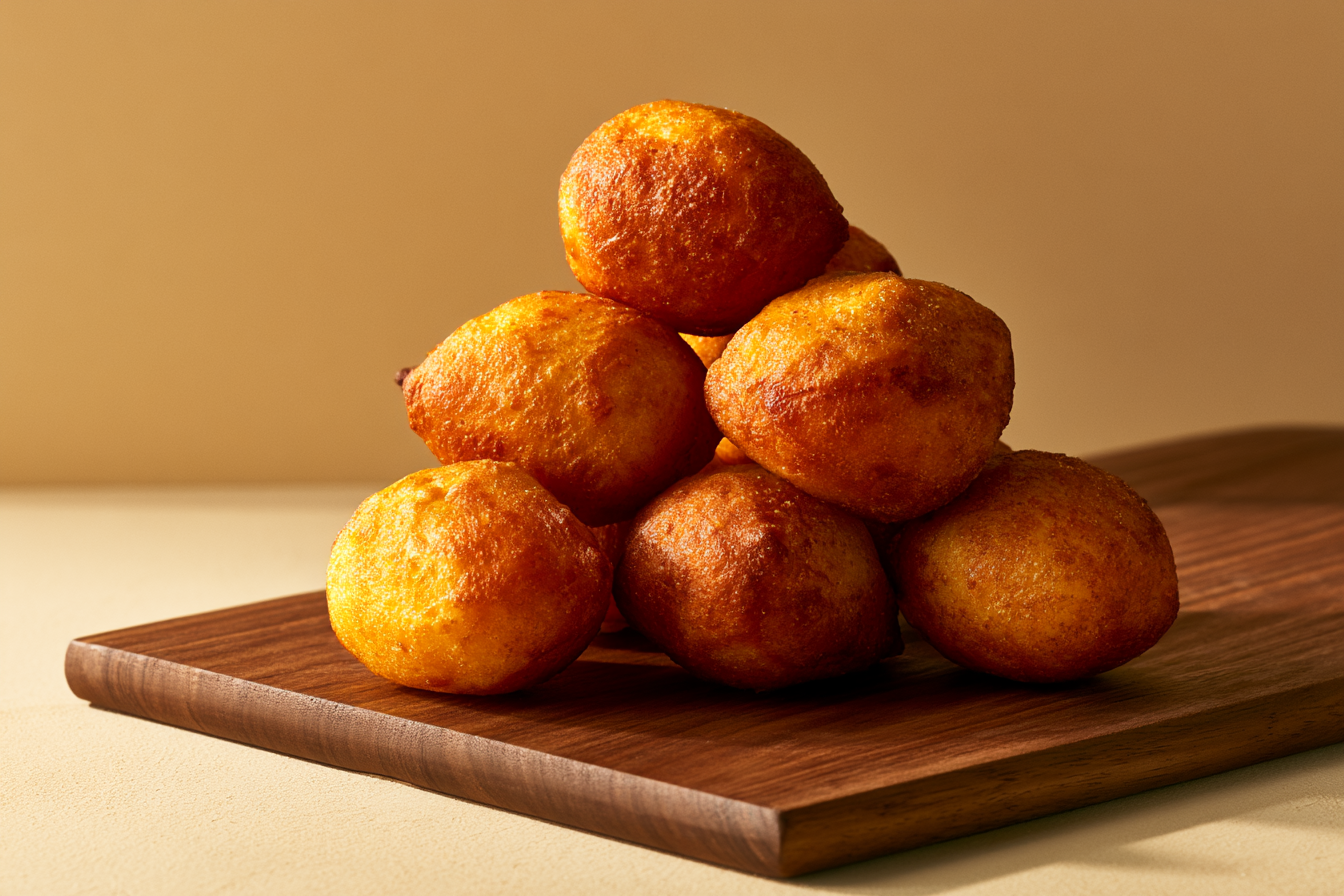 Groupe de huit boulettes de pâte dorées empilées sur une planche en bois.