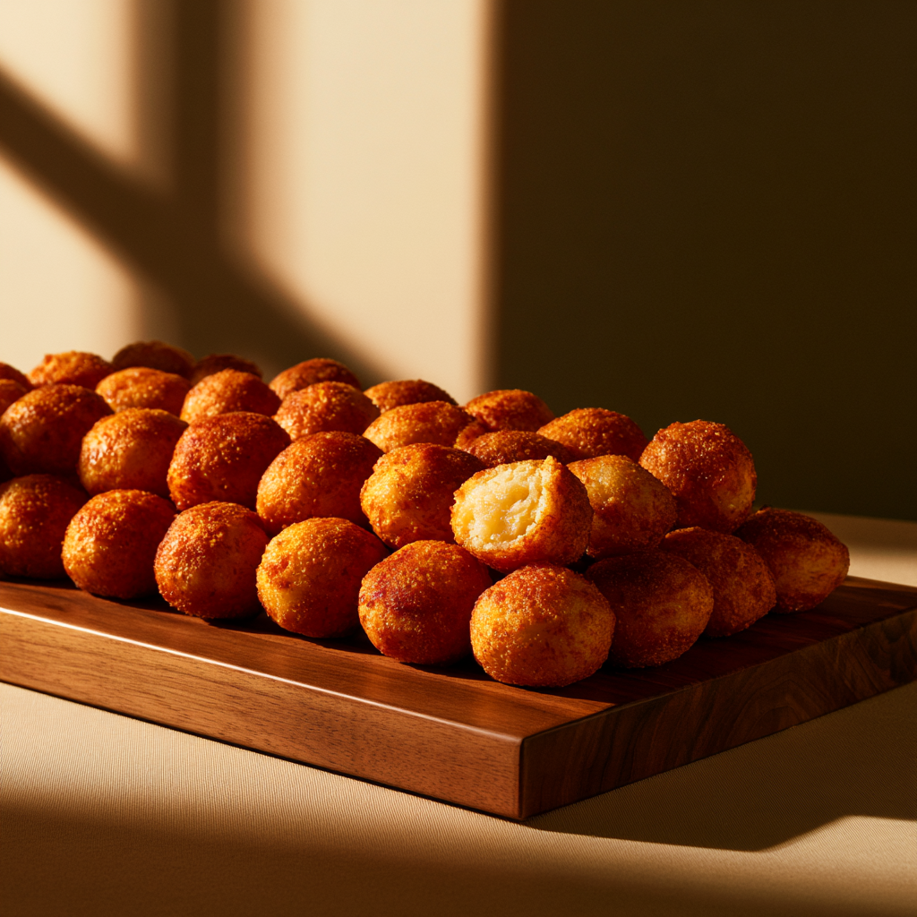 Plateau de boules de mozzarella panées, une est cassée montrant l'intérieur fondant, sur une planche en bois.