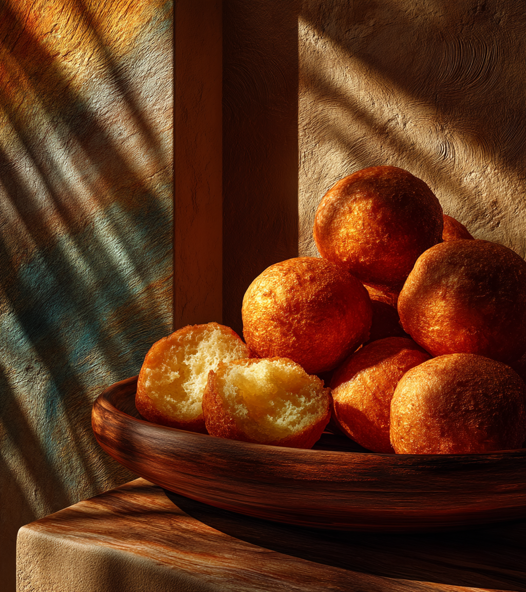 Un panier en bois contenant des beignets dorés, certains coupés en deux, placé sur une table en bois. L'arrière-plan présente un mur avec des rayures de lumière et d'ombre.