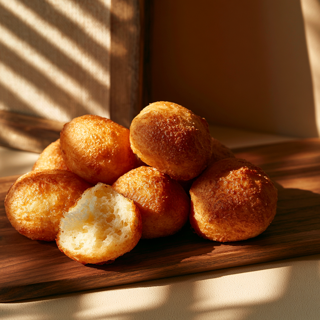 Gros plan sur des beignets dorés et moelleux superposés sur une planche en bois, avec un intérieur léger et aéré visible dans un beignet cassé. La lumière naturelle crée des ombres douces et une ambiance chaleureuse.