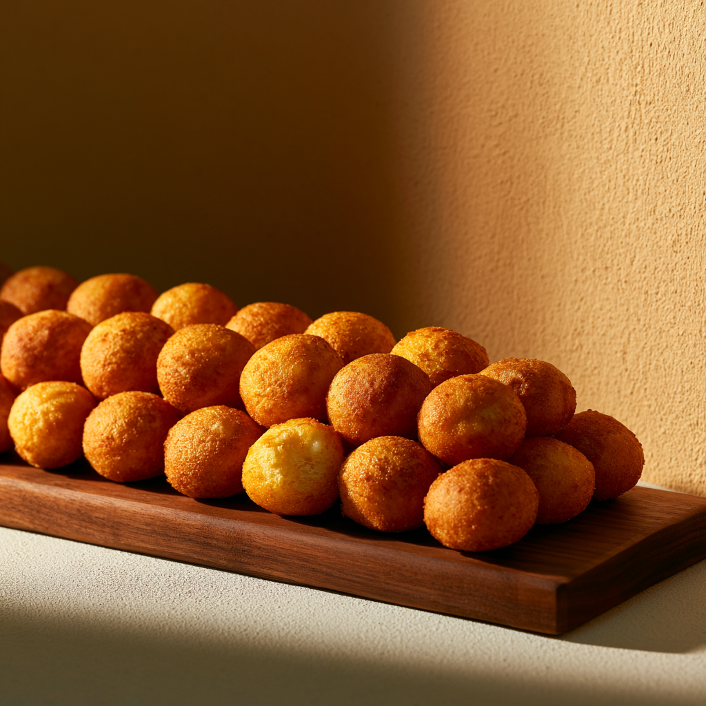 Une assiette de boulettes dorées sur une planche en bois, avec un mur beige en arrière-plan.