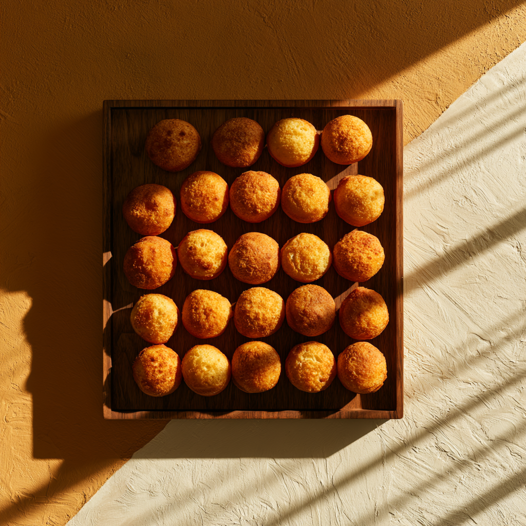 Une assiette en bois avec des boules de fromage ou de pâte cuite, disposées en rangées, dans une lumière naturelle avec des ombres.