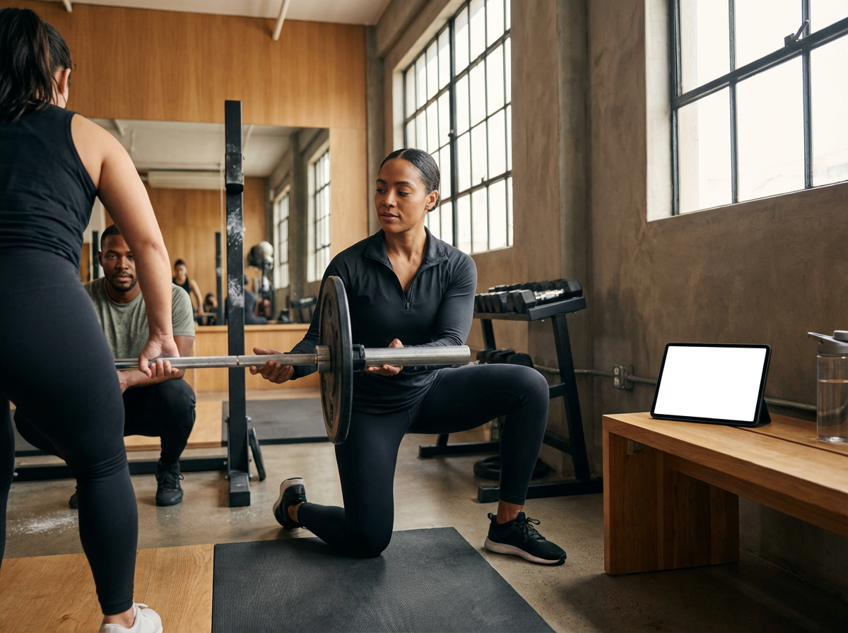 A woman performing a barbell exercise with a spotter in a gym, with a man sitting nearby, looking at the activity, and a tablet device on a wooden table.