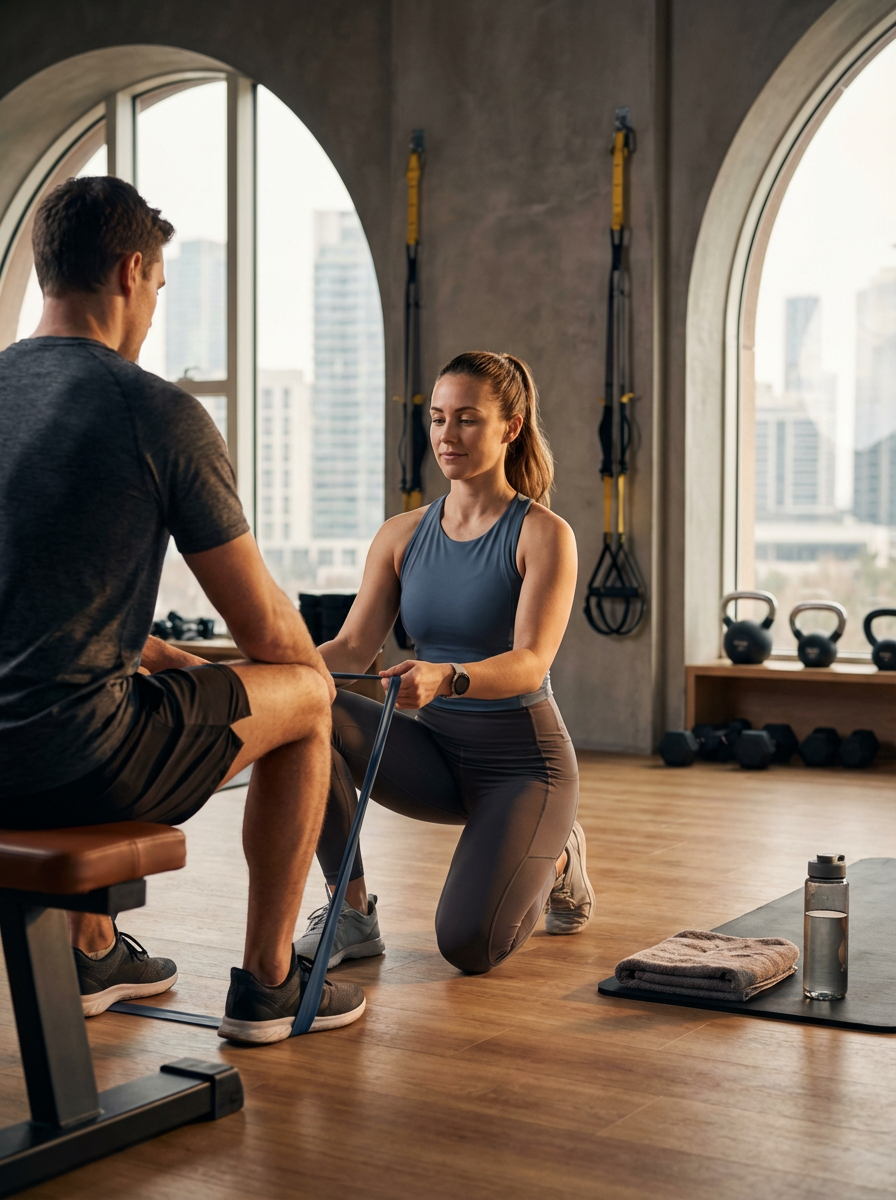 A woman is kneeling and assisting a man with a resistance band exercise in a gym with large windows, kettlebells, and workout equipment in the background.