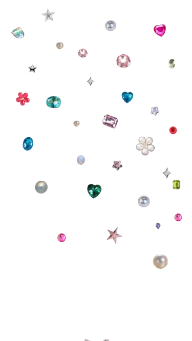 A variety of colorful gemstones, beads, and decorative objects scattered across a transparent background.