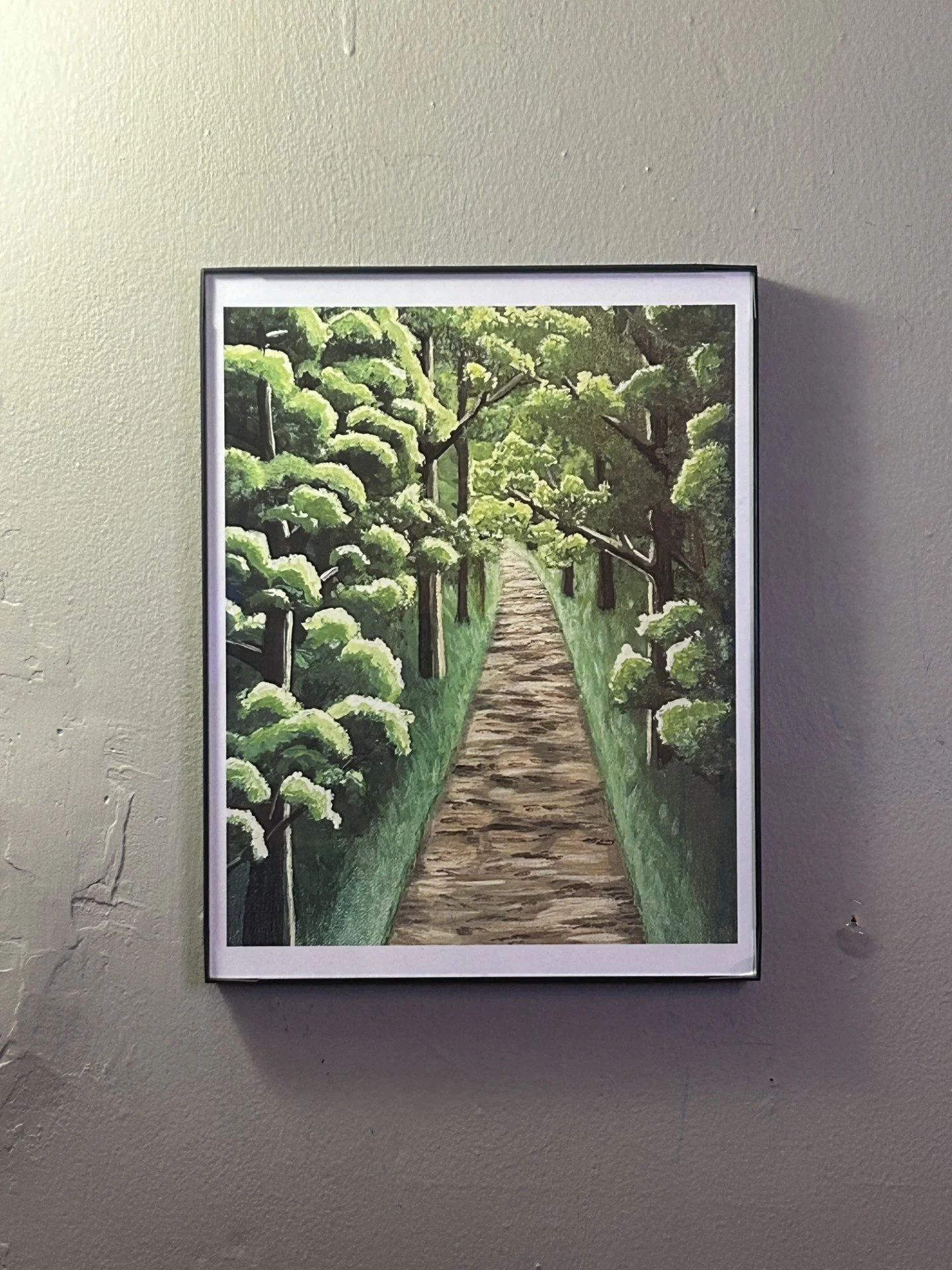 A painting of a pathway through a green vineyard with lush leafy grapevines on both sides.