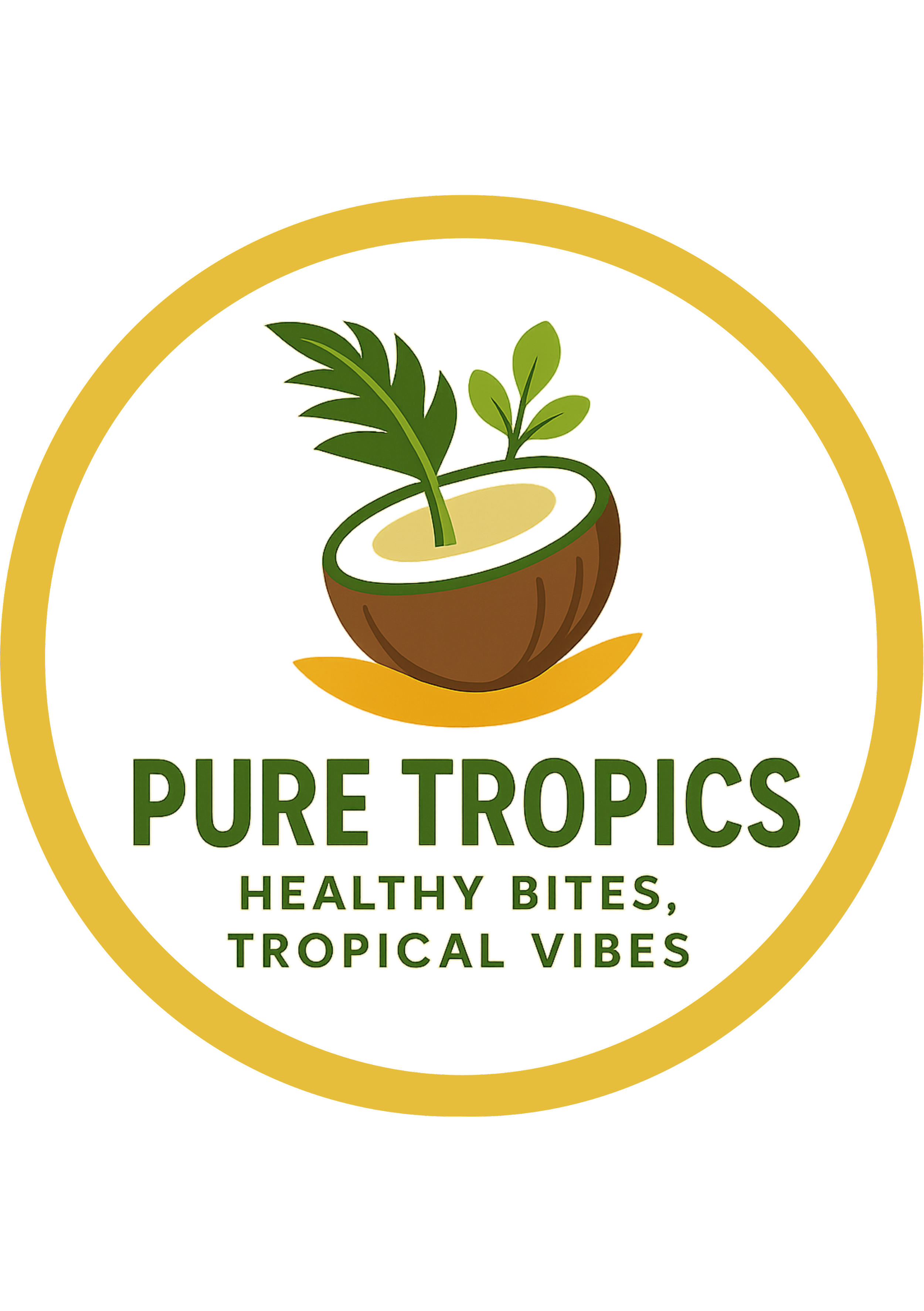 Logo for Pure Tropics, featuring a palm tree growing in a halved coconut, with text reading 'Healthy bites, tropical vibes'.