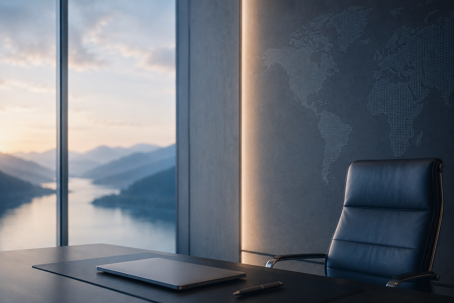 Modern office conference room with a black desk, closed laptop, pen, and leather chair. Large window showing mountains, river, and sky at sunset, with a world map on the wall.