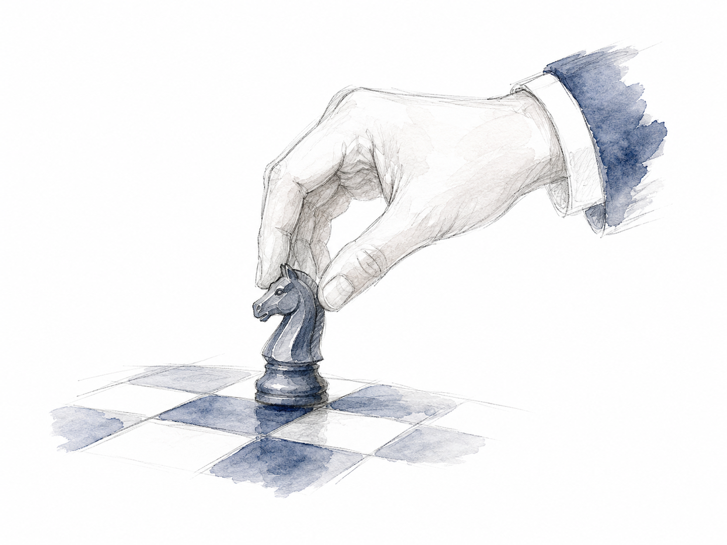 A watercolor illustration of a hand in a suit sleeve moving a black knight chess piece on a chessboard.