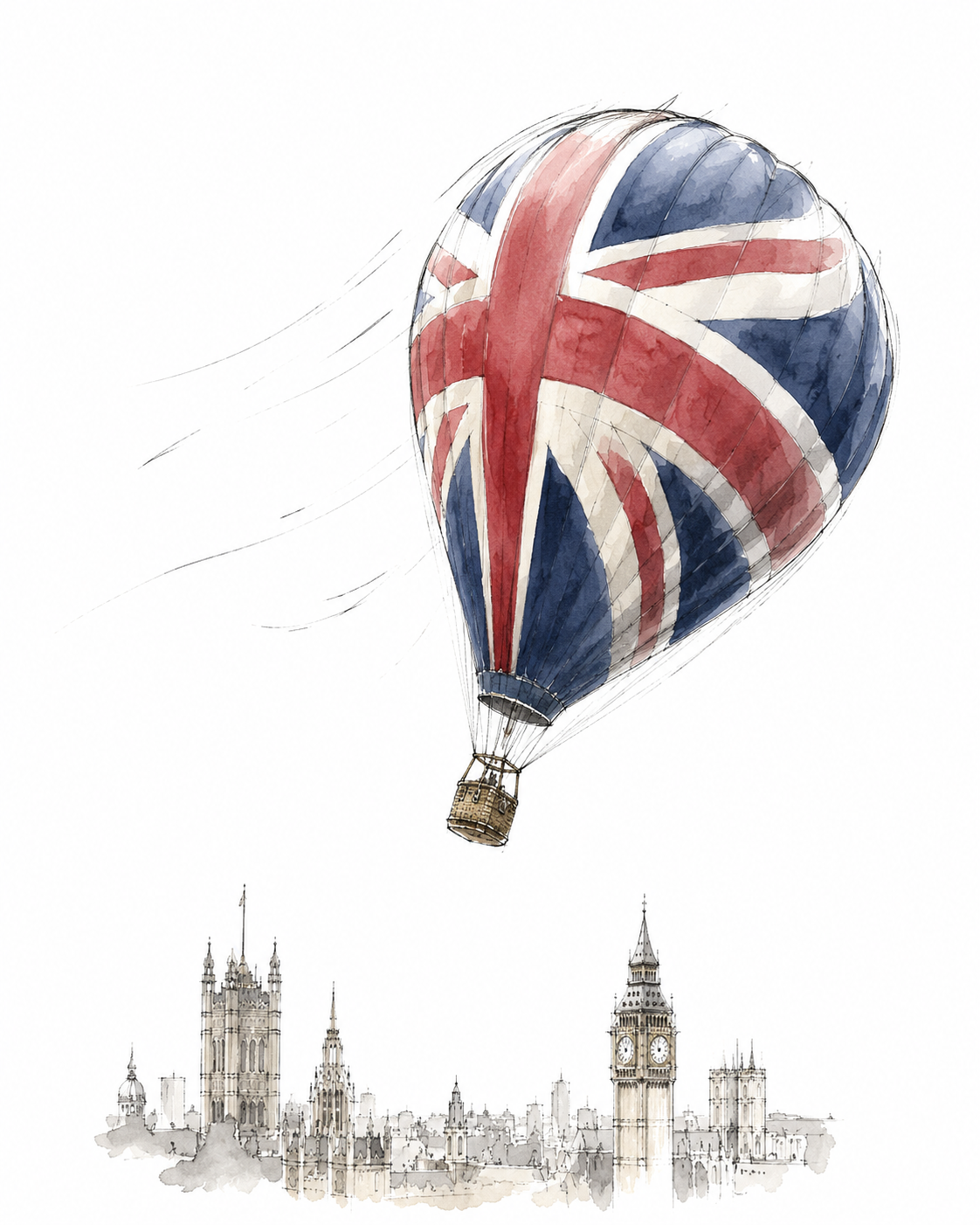 A watercolor illustration of a hot air balloon with the Union Jack flag design, flying above London landmarks including Big Ben and the Houses of Parliament.