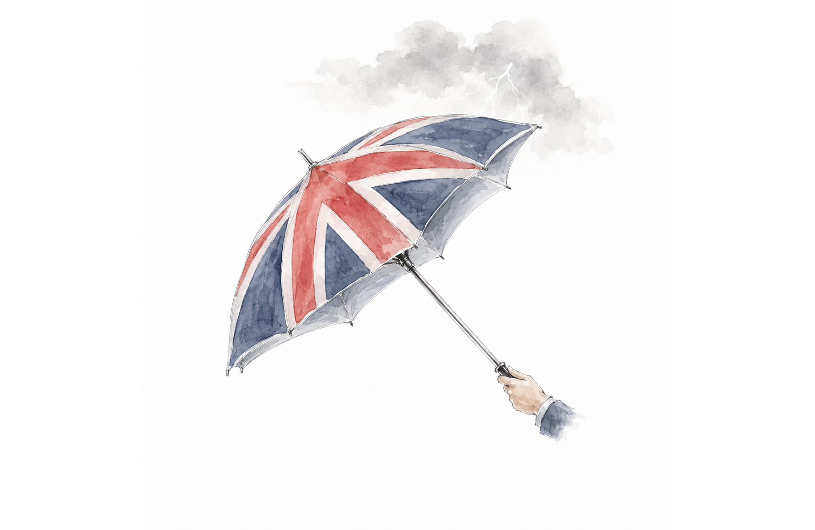 A watercolor illustration of a hand holding an umbrella with a Union Jack design, against a cloudy sky with lightning.