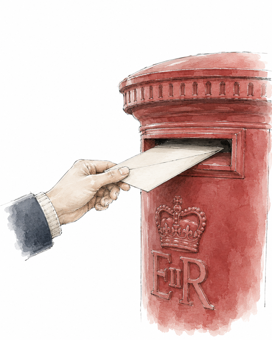 A hand putting a letter into a red Royal Mail mailbox