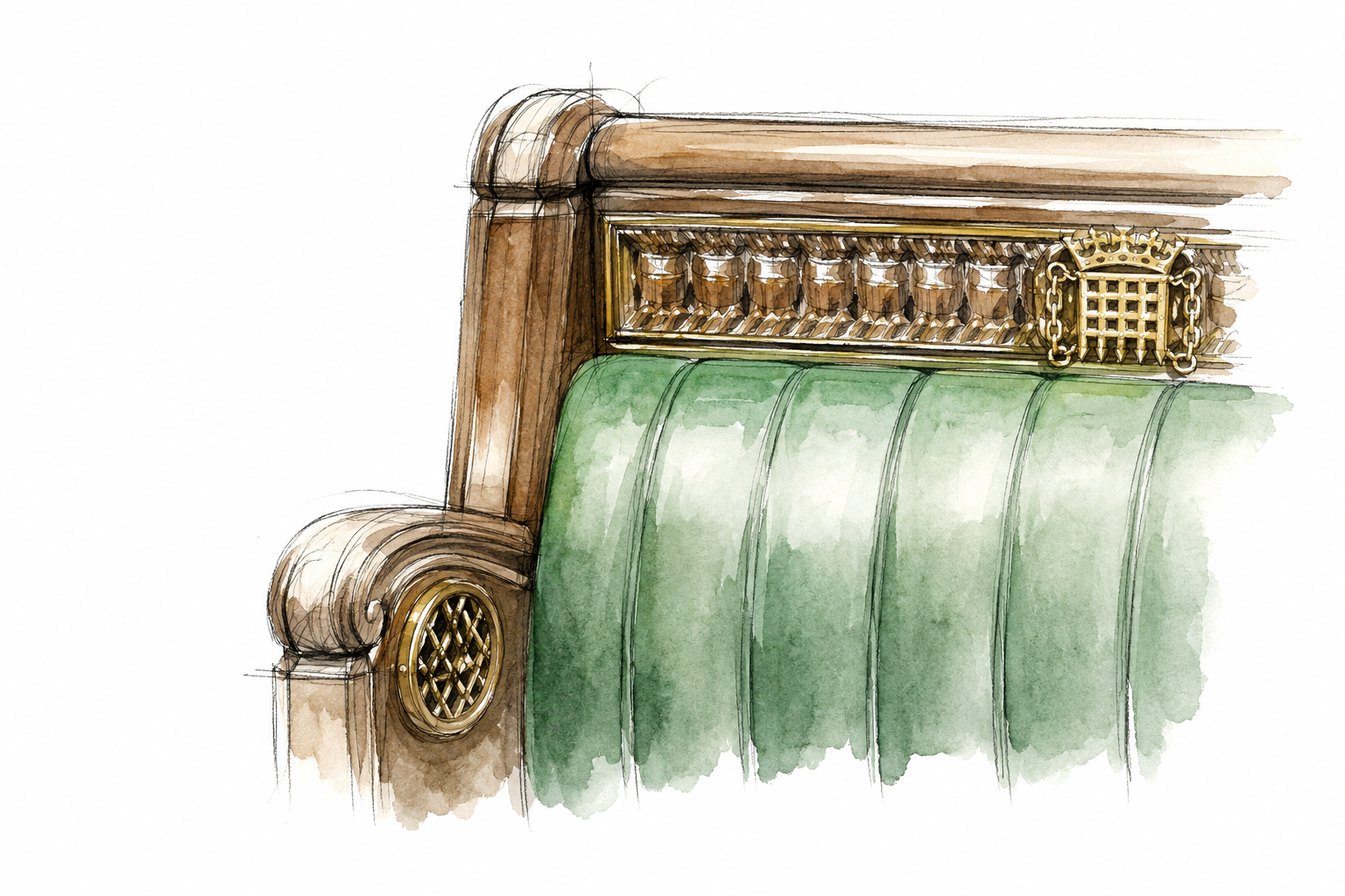 Watercolor illustration of an ornate wooden headboard with gold accents and green upholstery.