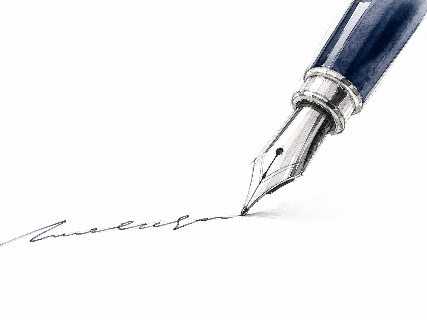 Close-up of a fountain pen writing on paper, with the nib touching the paper.