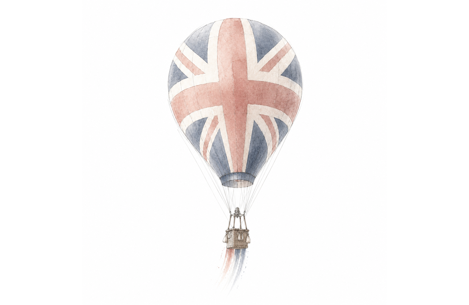 A hot air balloon decorated with a Union Jack design, flying in a clear sky.