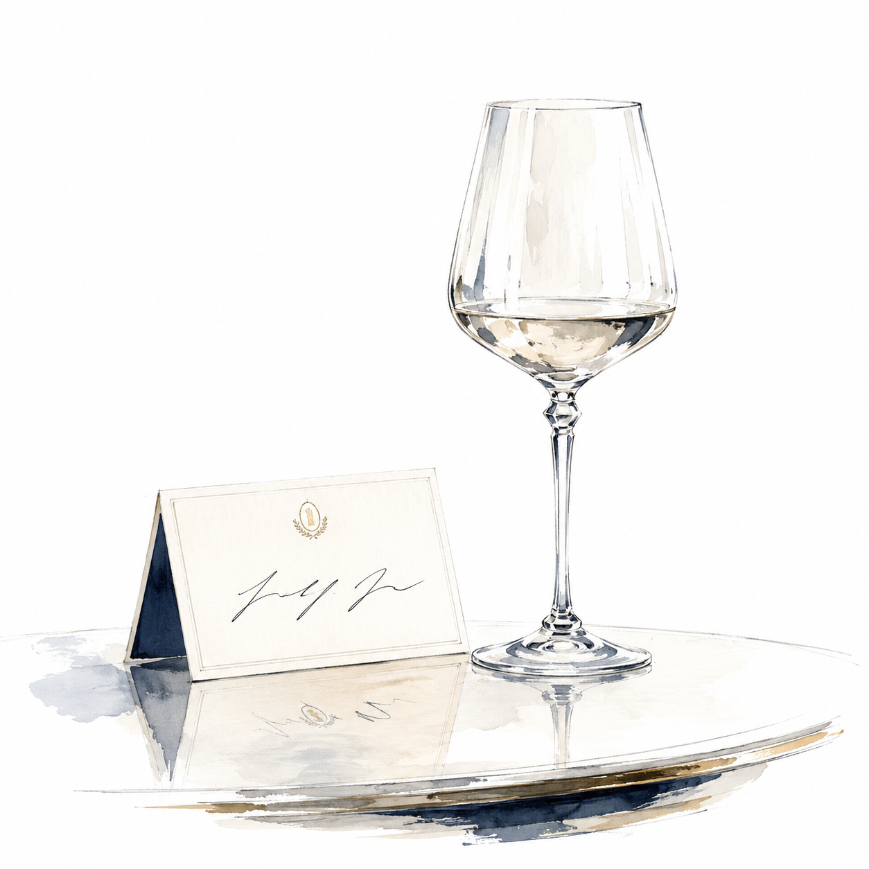 A glass of white wine and a place card on a silver tray.
