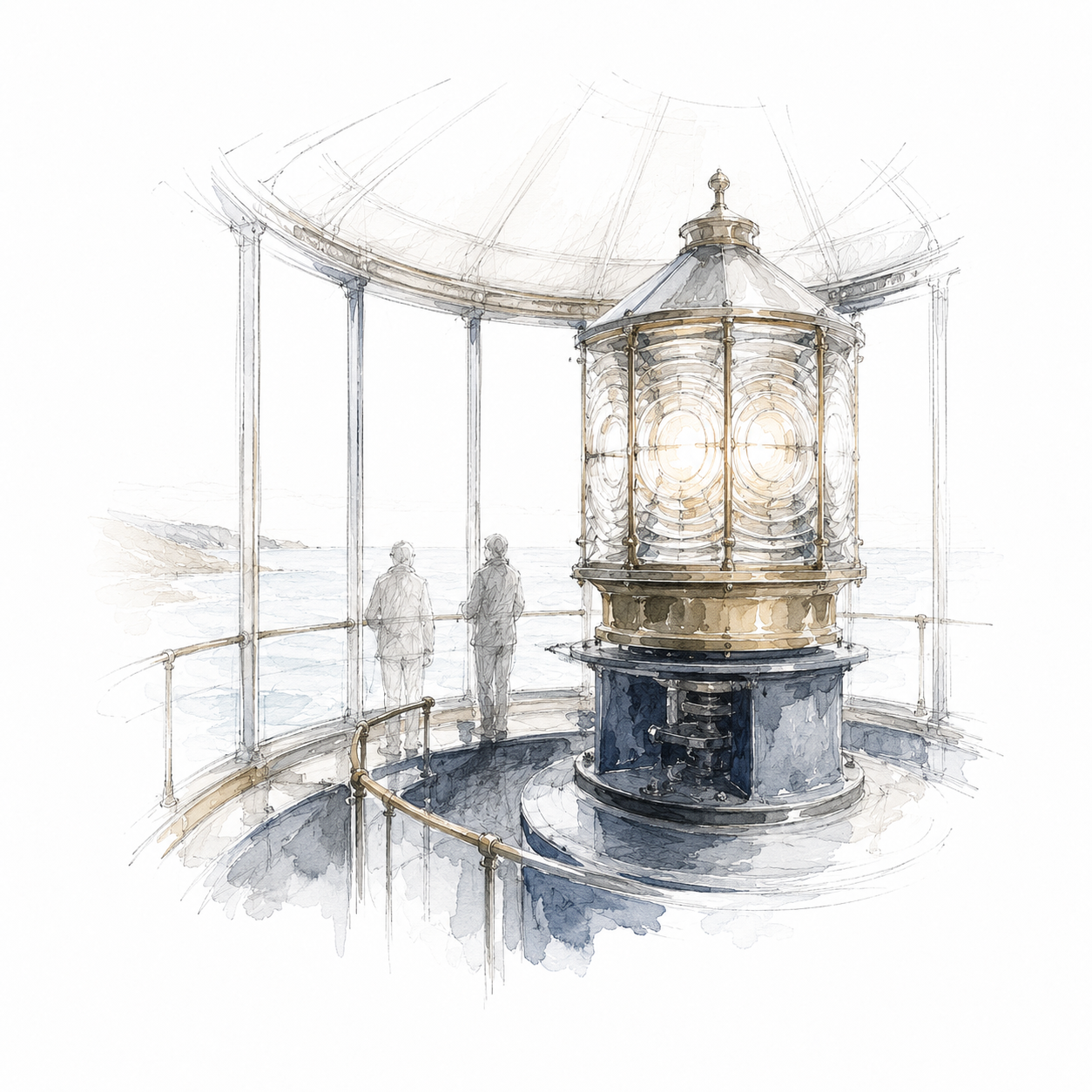 Two people inside the top of a lighthouse looking out