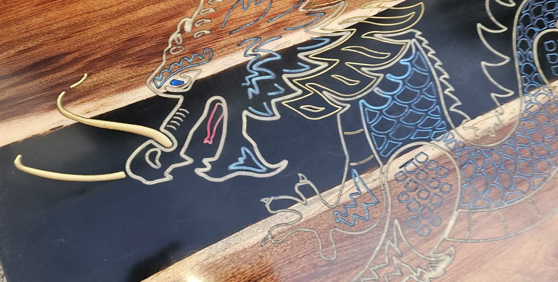 Oriental Dragon Engraved Black Resin River Table on Tasmanian Blackwood