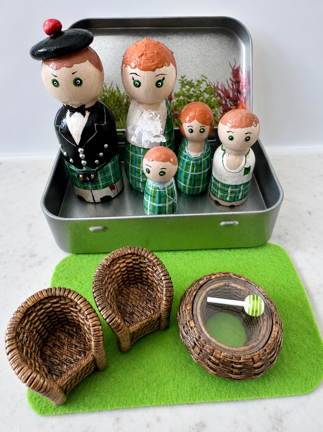 Scottish Peg Dolls in a Tin