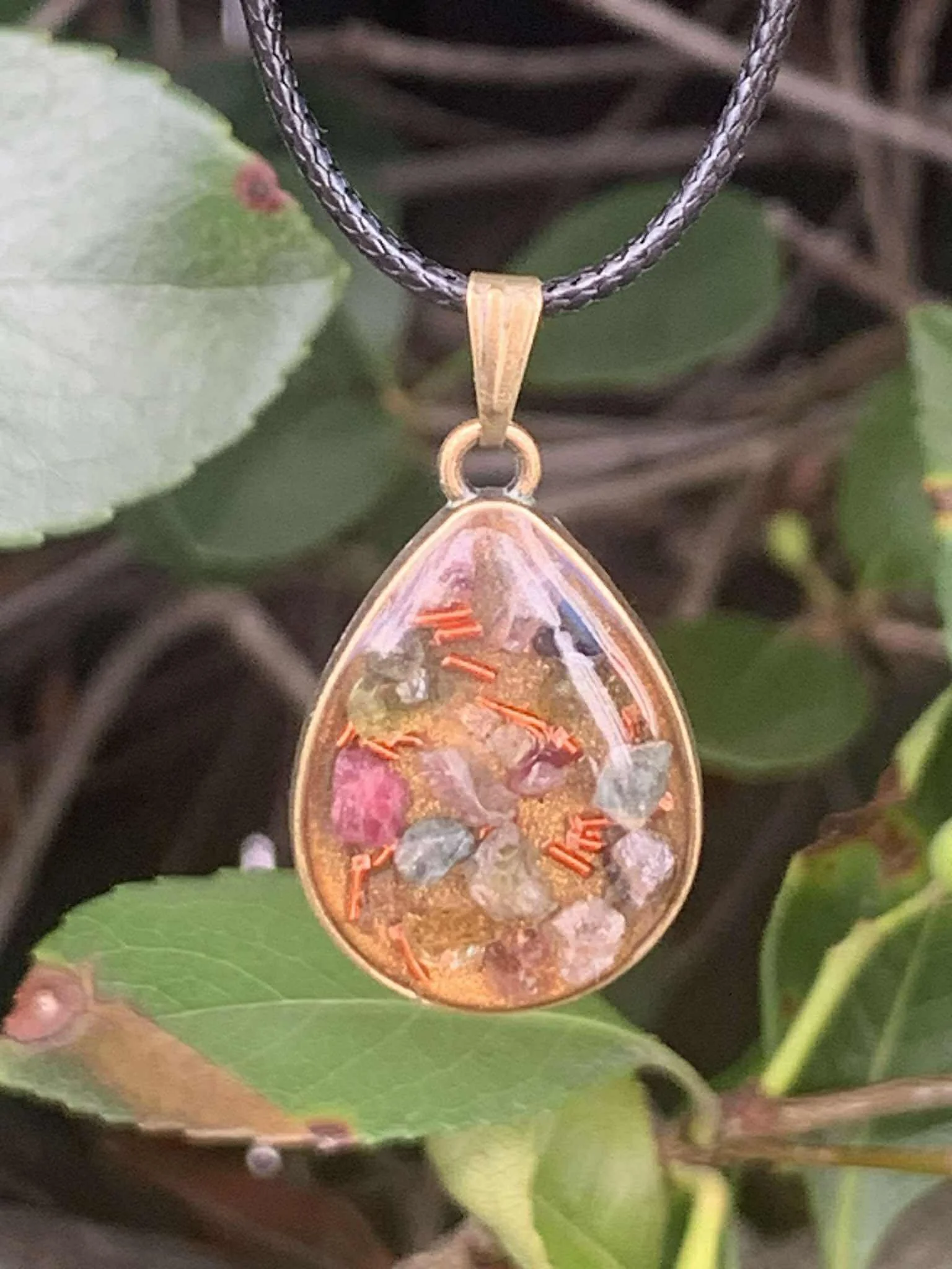 Rich mixed Crystals and copper Pendant