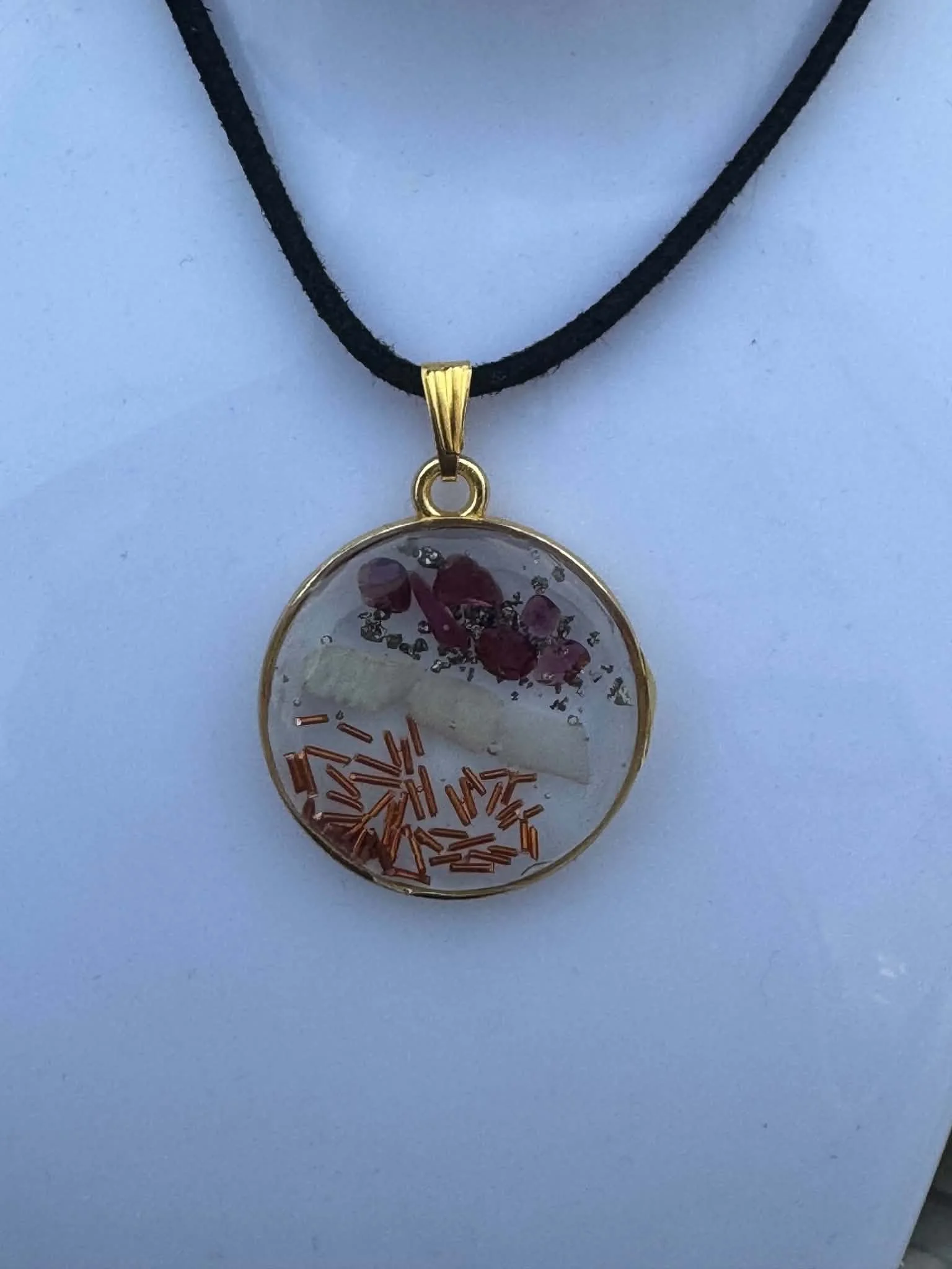 Garnet, pyrite, quartz and copper Pendant