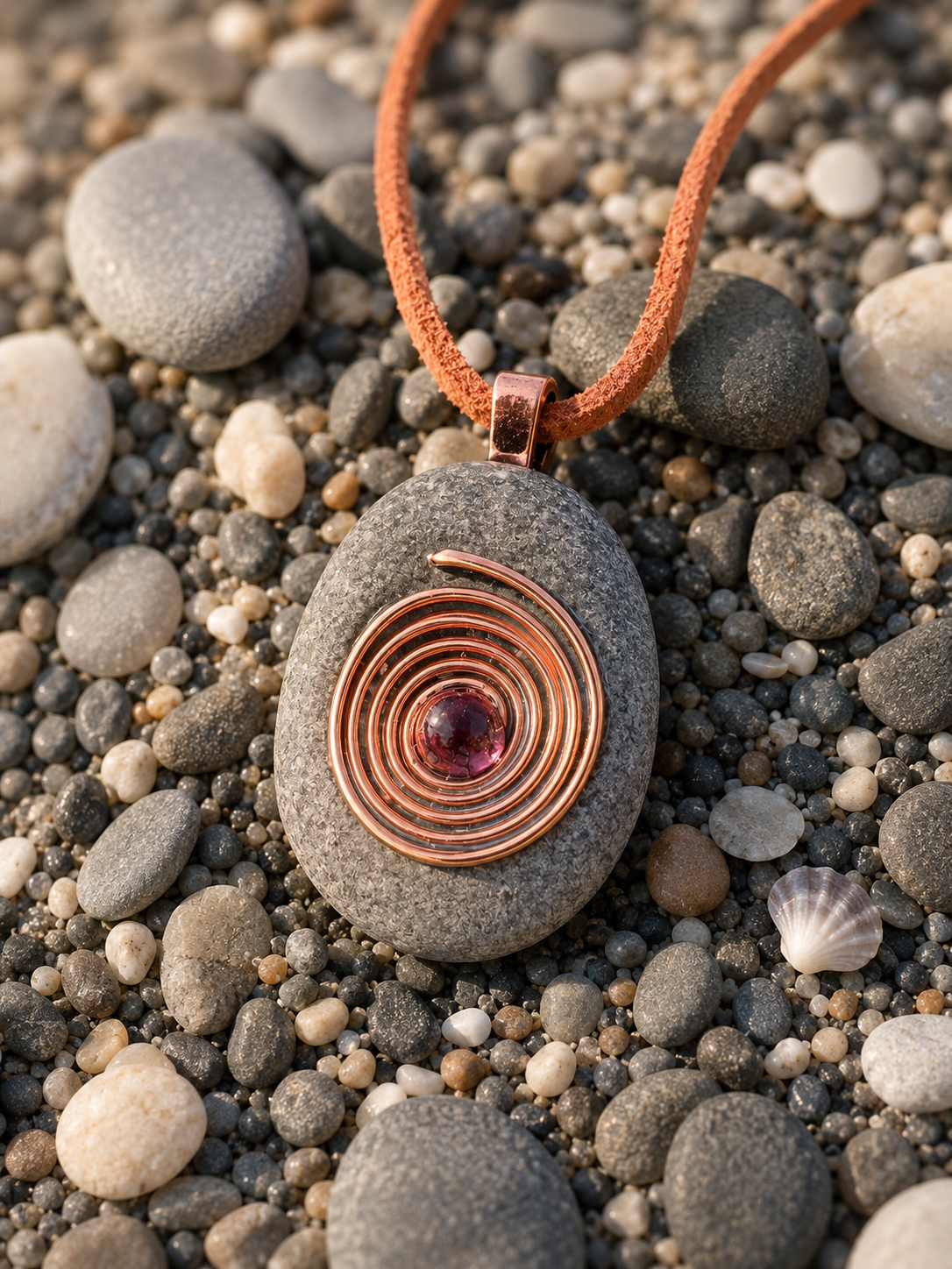Beach Stone Pendant – Copper Spiral & Garnet