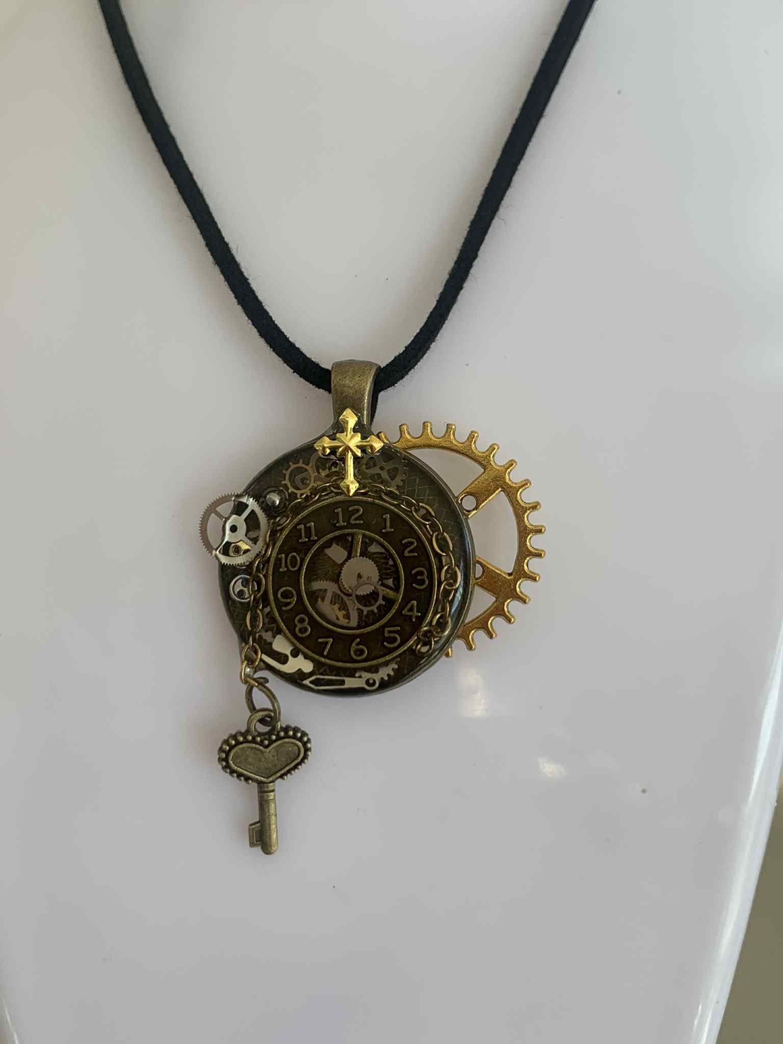 Steampunk Clockwork Pendant with Hanging Key Charm