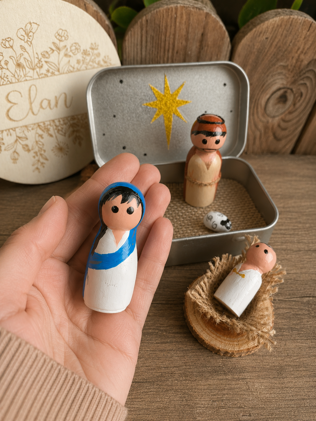 Nativity Peg Dolls in a tin