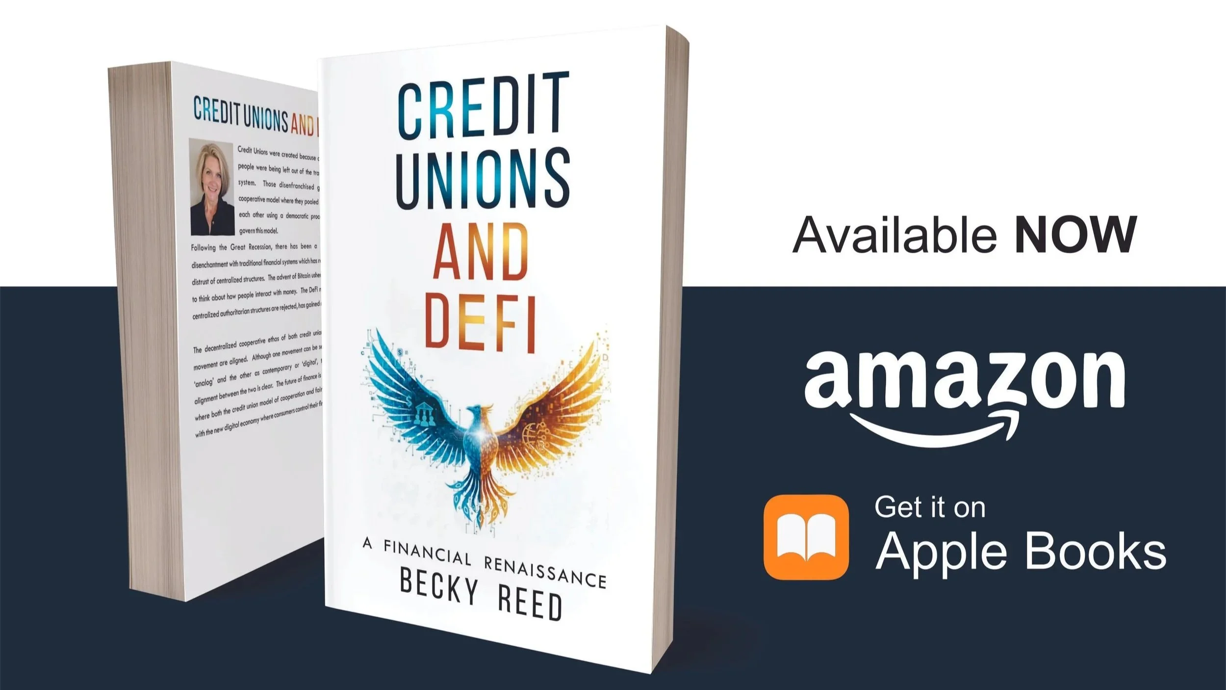 Cover of a book titled 'Credit Unions and DeFi: A Financial Renaissance' with an illustration of a dove with wings made of financial symbols. Text on the right promotes the book's availability on Amazon and Apple Books.
