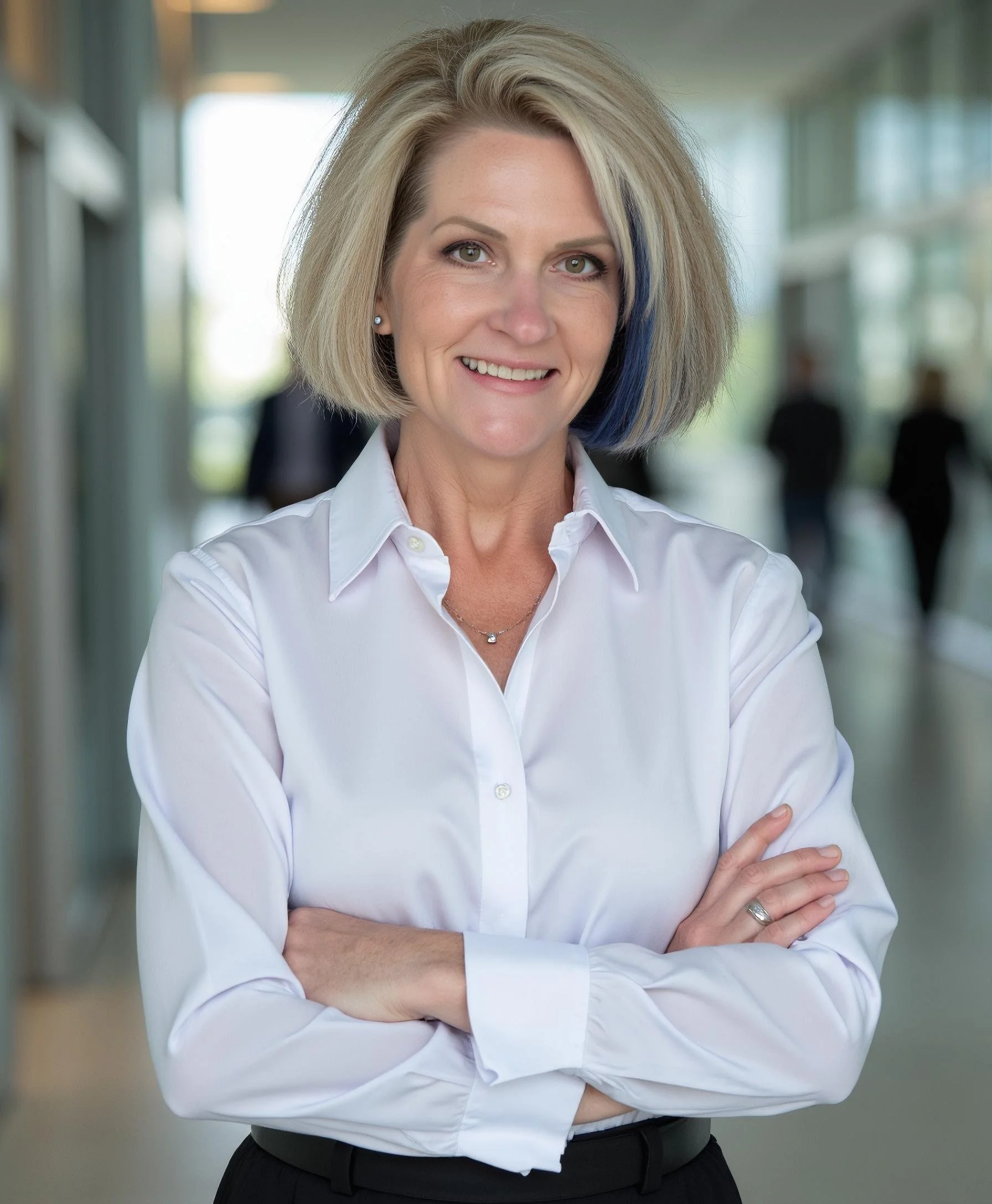 A professional woman with blonde hair and green eyes smiling, wearing a white button-up shirt and standing with arms crossed in a modern office hallway.