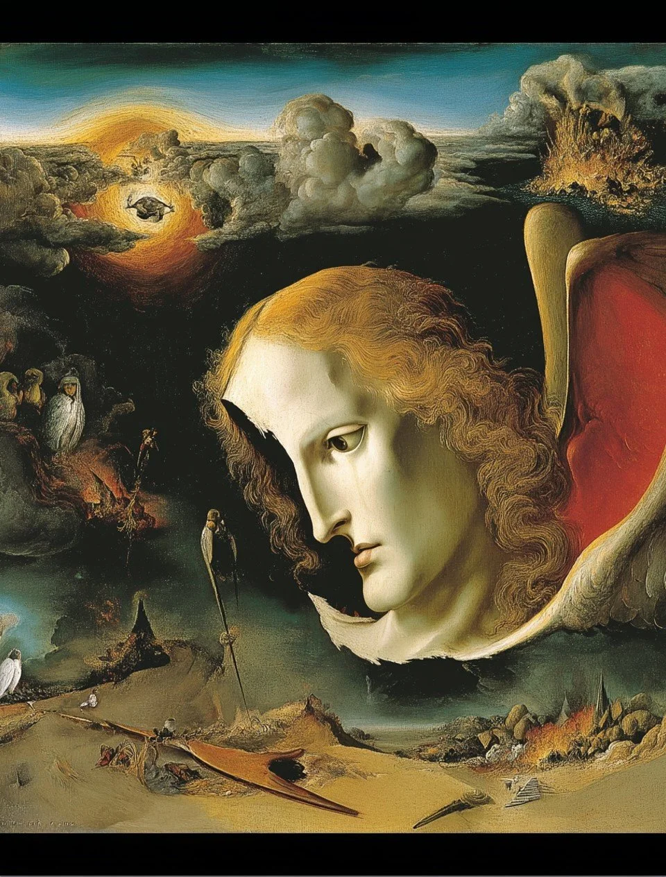 Surreal painting featuring a large, floating head of a woman with flowing hair, a landscape with clouds, figures, and a sunset in the background.