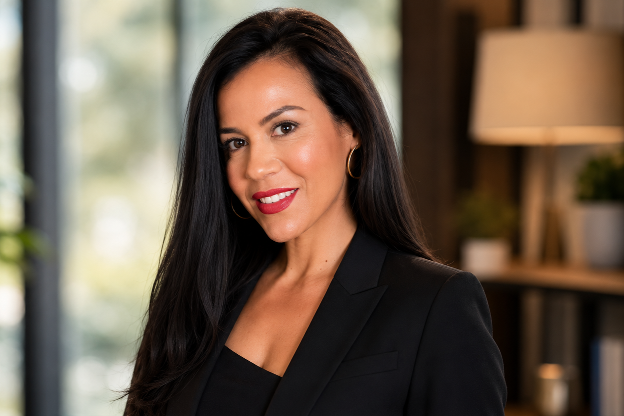 A woman with long dark hair, wearing a black blazer with a black top, smiling with red lipstick, gold hoop earrings, standing in an indoor setting with a blurred background including a window and a lamp.