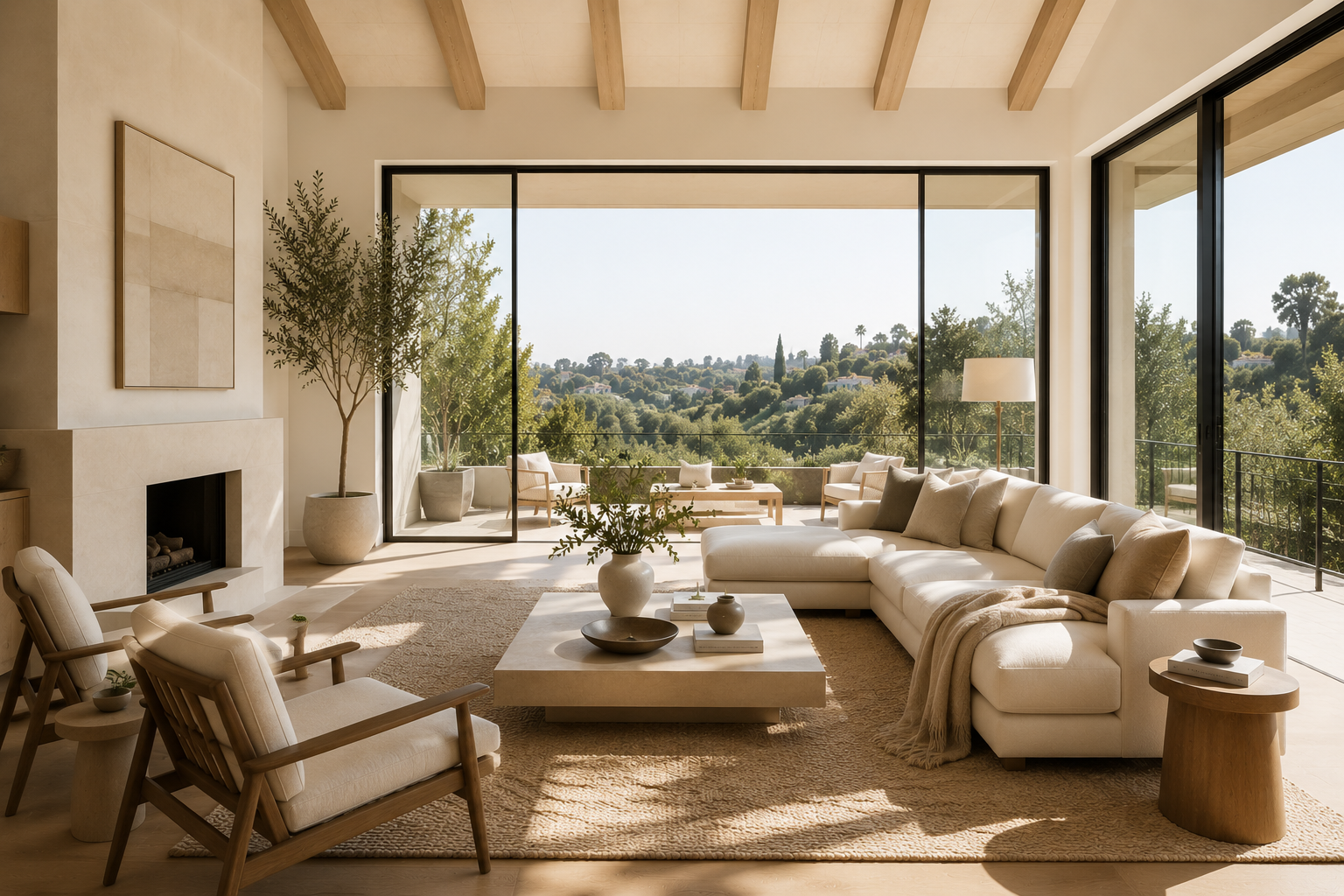 Living room with large cream sectional sofa, coffee table, armchairs, potted plants, and a view of greenery outside through floor-to-ceiling glass doors.
