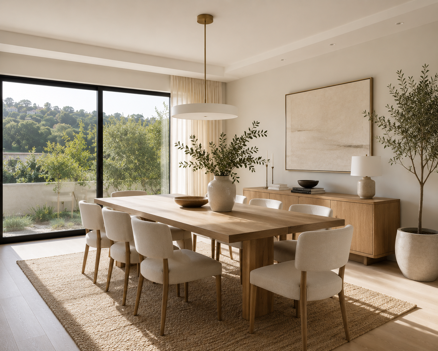 Bright dining room with a large wooden table, white chairs, a sideboard, and a sliding glass door leading outside. Decor includes large potted plants, a framed artwork, and table lamps.