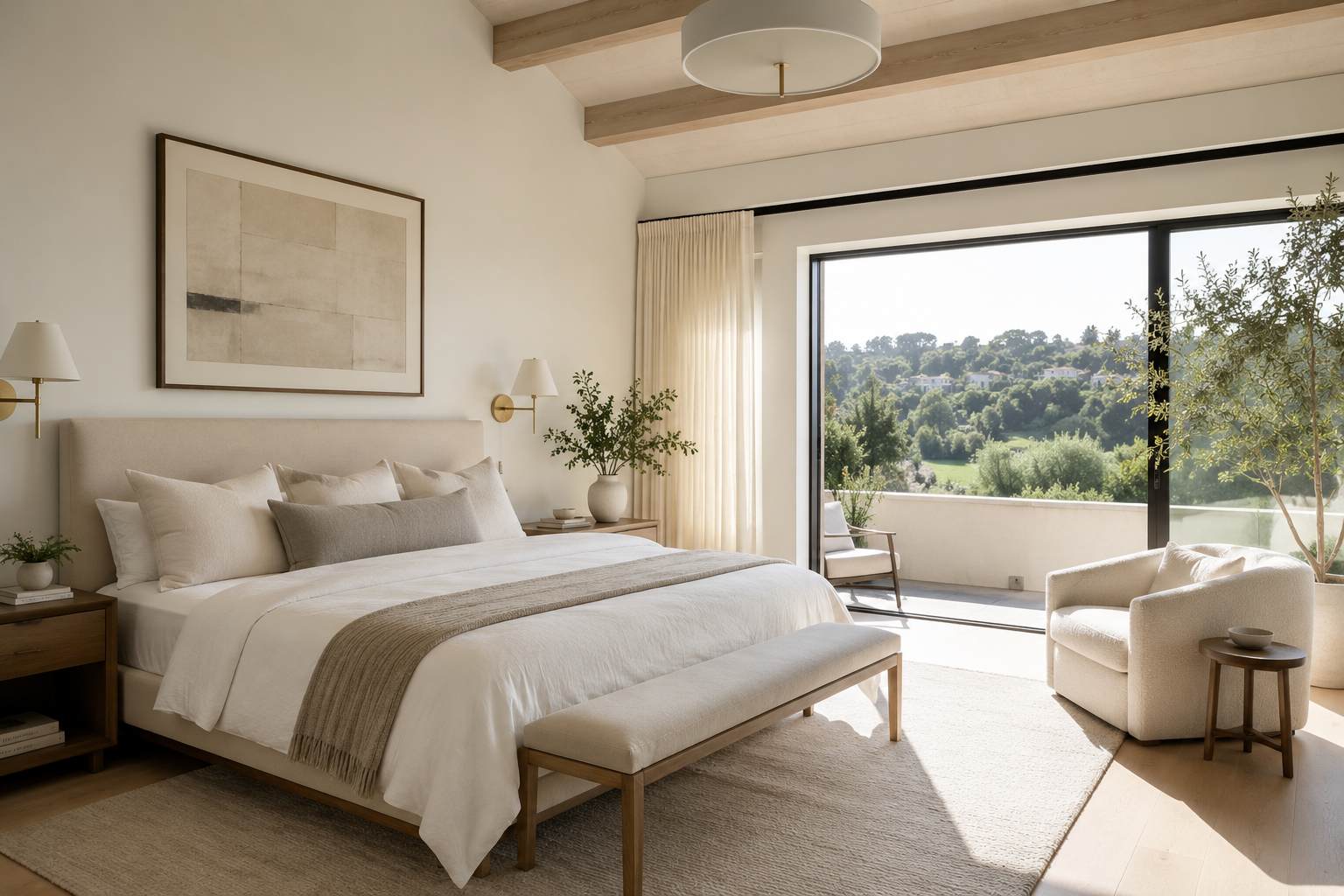 A bedroom featuring a large bed with beige and white bedding, a bench at the foot of the bed, and a side table with books and a plant. There is a beige armchair with a side table holding a bowl, situated near a sliding glass door that opens to a balcony with outdoor chairs. The room has wooden ceiling beams, a ceiling light, and a large abstract artwork hanging above the bed. Natural light floods the room from the open door, revealing a green landscape outside.