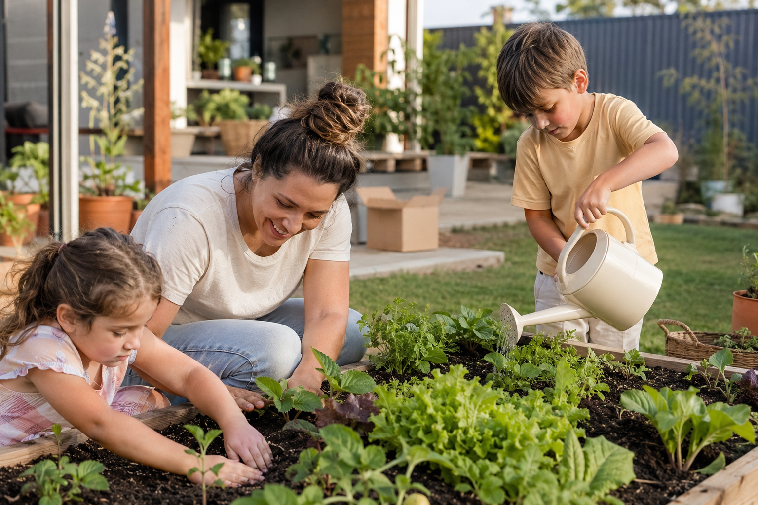 A woman and two children gardening outdoors, watering and planting in a garden bed with green plants.