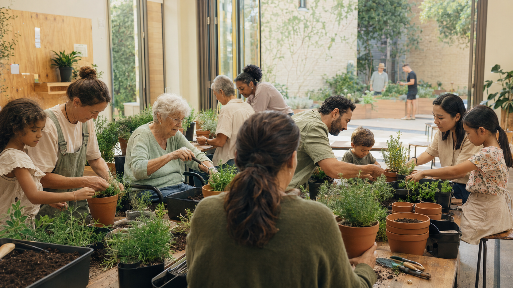 A diverse group of people of various ages and ethnicities planting and potting herbs and plants in a sunny indoor gardening class.