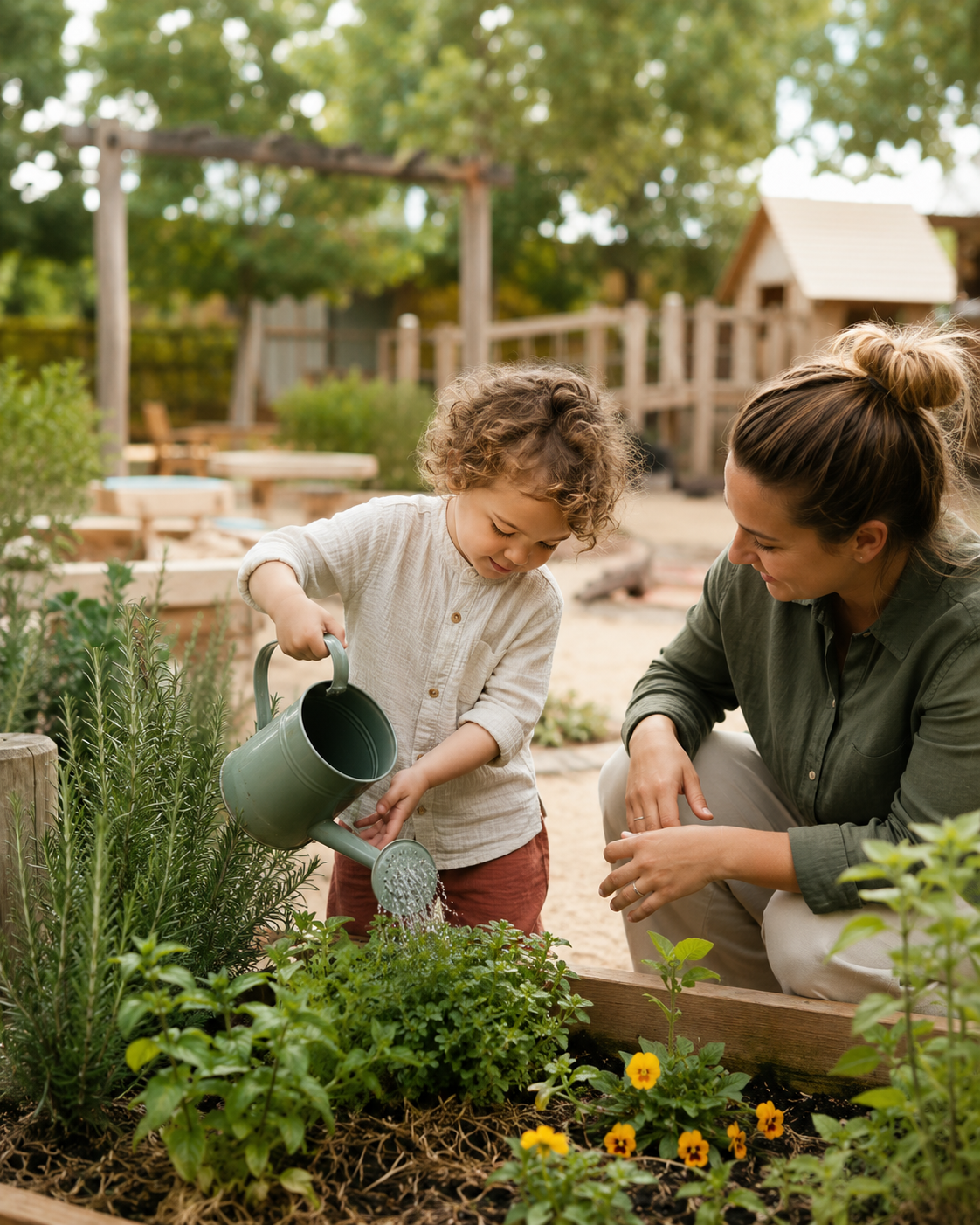 A young child with curly hair watering plants in a garden while an adult woman kneels beside them smiling. The garden has colorful flowers and greenery, and there is a wooden play structure in the background.