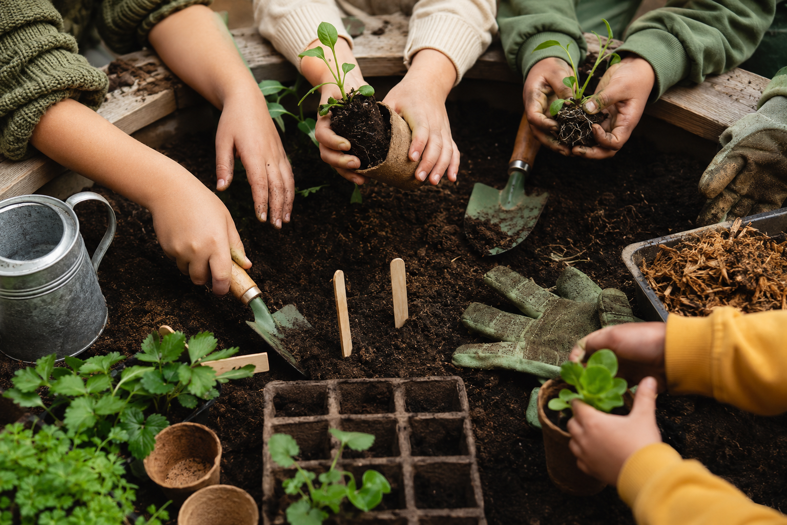Children planting seedlings in a garden bed, handling soil and small potted plants, with gardening tools and gloves nearby.